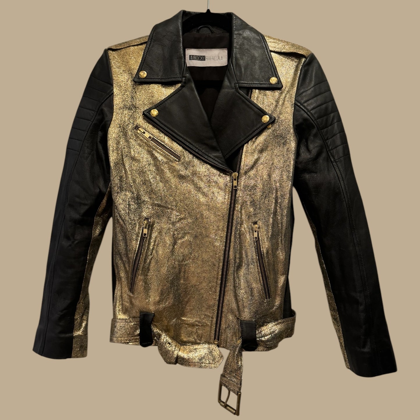 Rocky Rafaela Leather Jacket with Metallic Gold Detail - Size 40 - Excellent Condition