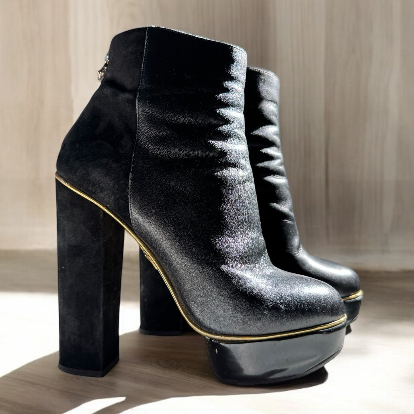 Charlotte Olympia Black Leather and Suede Platform Ankle Boots with Gold Detail - Size 39