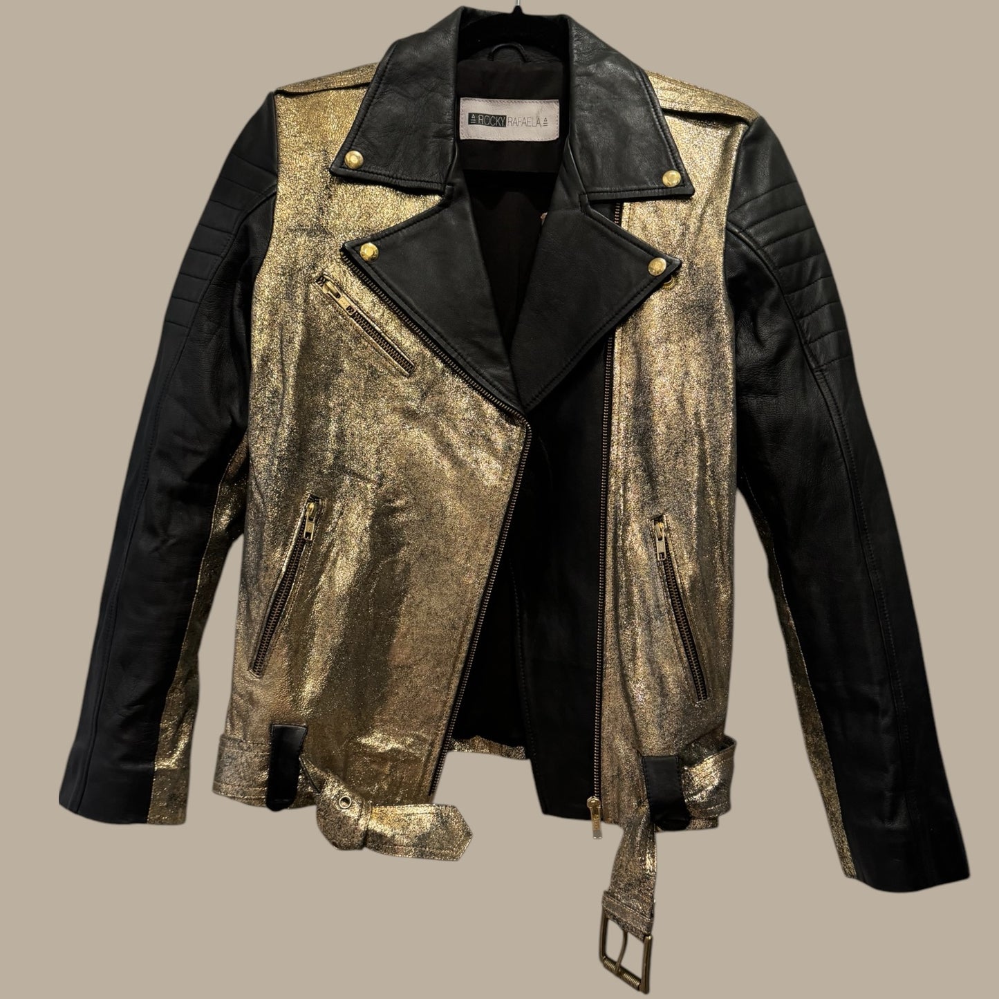 Rocky Rafaela Leather Jacket with Metallic Gold Detail - Size 40 - Excellent Condition