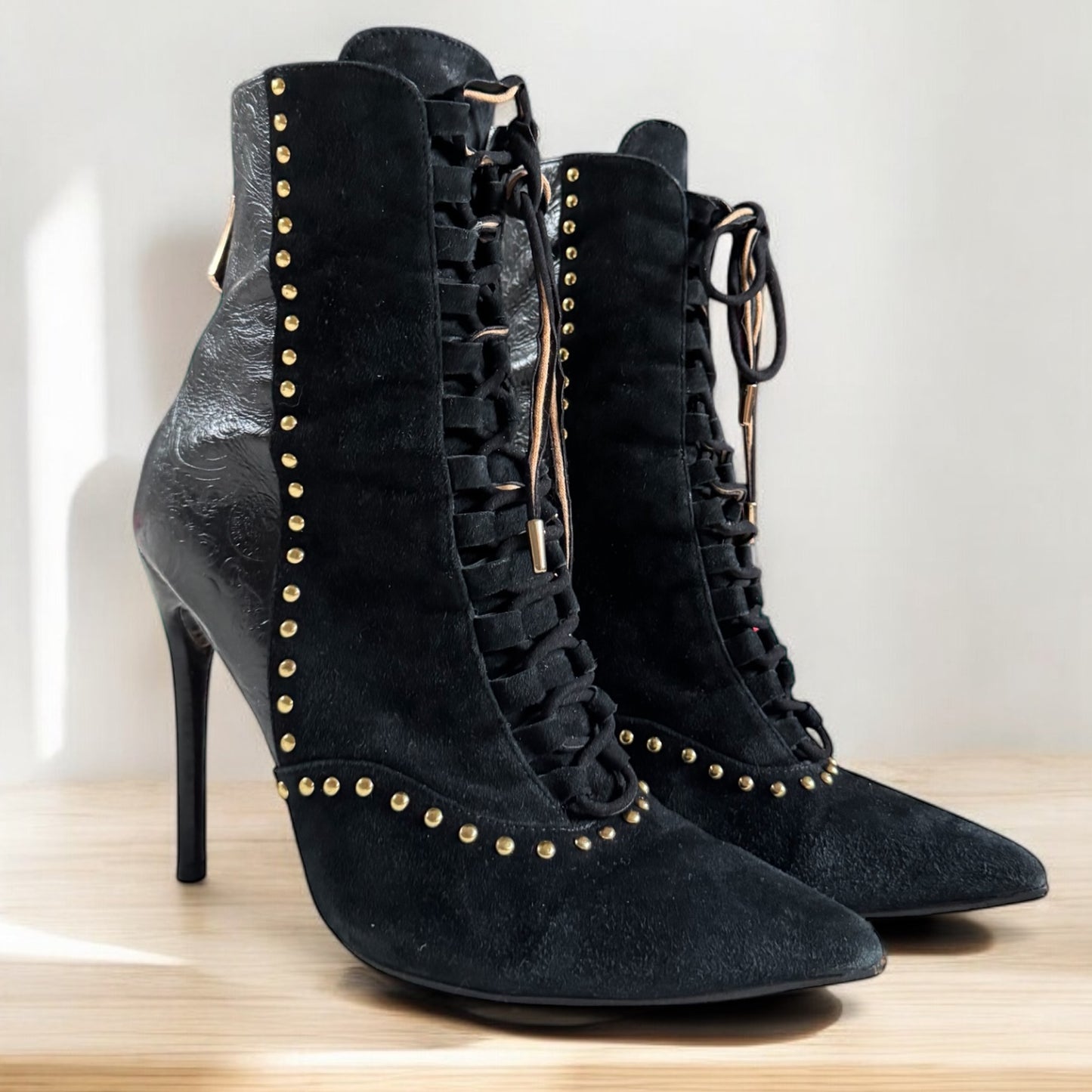 Camilla Black Lace-Up Stiletto Ankle Boots – Size 39