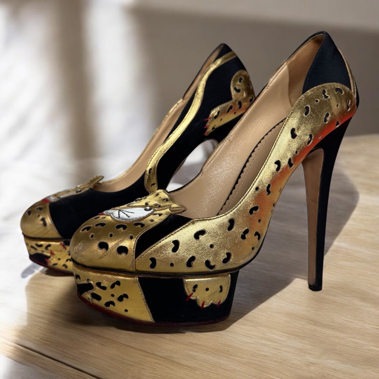 Charlotte Olympia Leopard & Cat Motif Platform Heels - Size 39