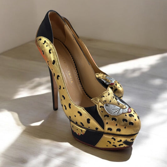 Charlotte Olympia Leopard & Cat Motif Platform Heels - Size 39