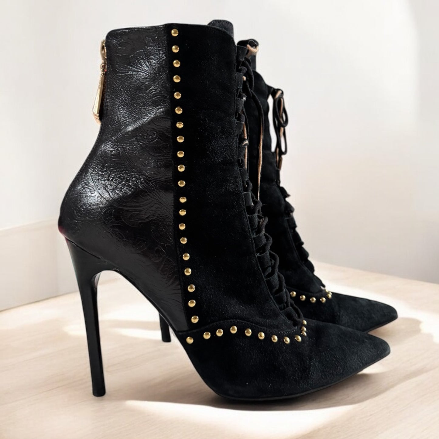 Camilla Black Lace-Up Stiletto Ankle Boots – Size 39