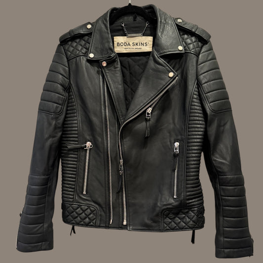 Custom-Made Boda Skins Black Leather Biker Jacket – Size M