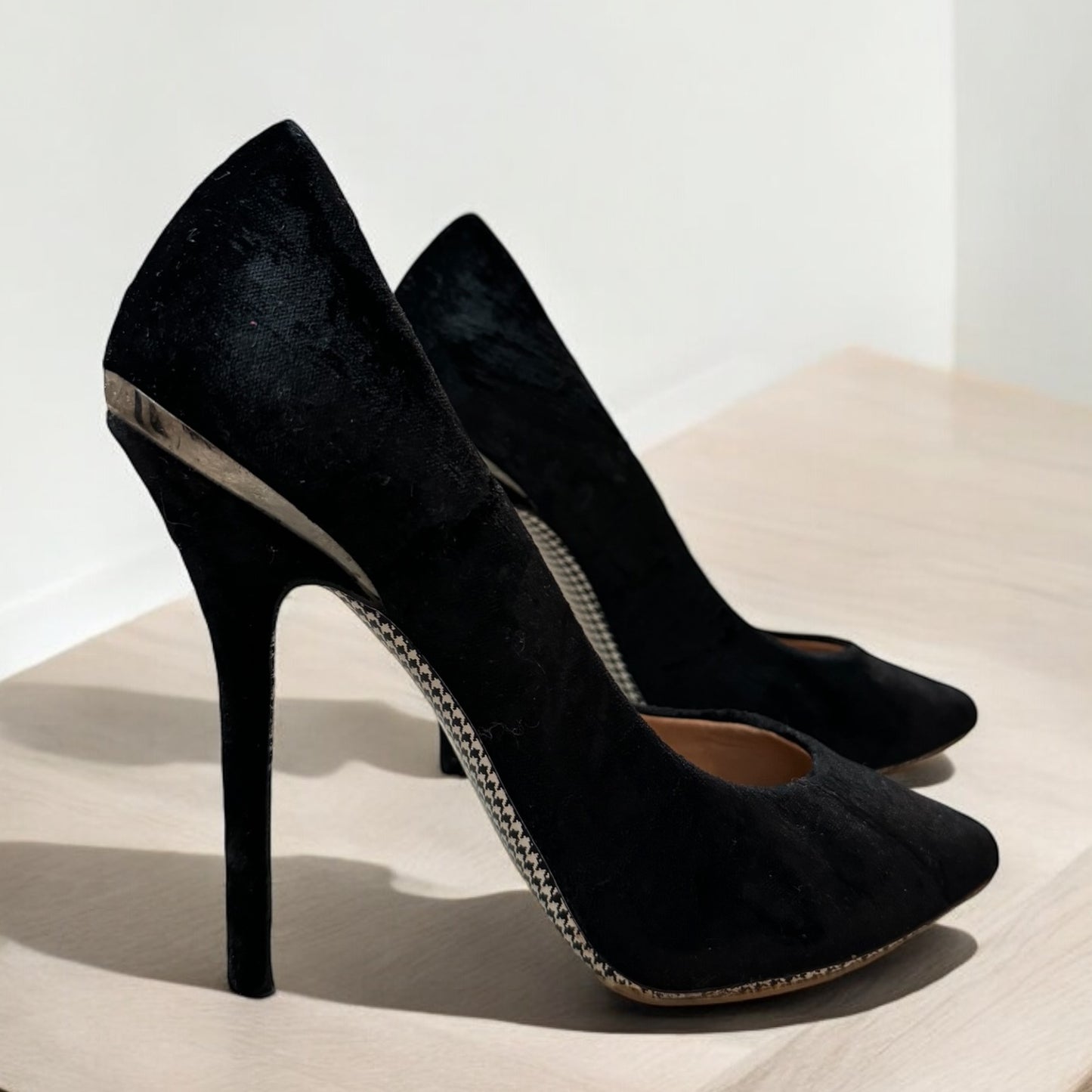 Salvatore Ferragamo Black Velvet Heels with Silver Detail - Size 38