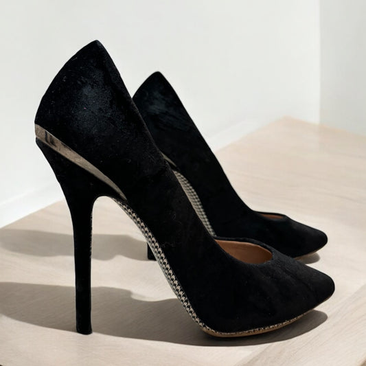 Salvatore Ferragamo Black Velvet Heels with Silver Detail - Size 38