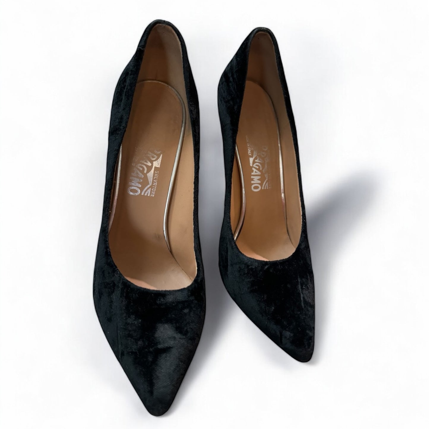 Salvatore Ferragamo Black Velvet Heels with Silver Detail - Size 38