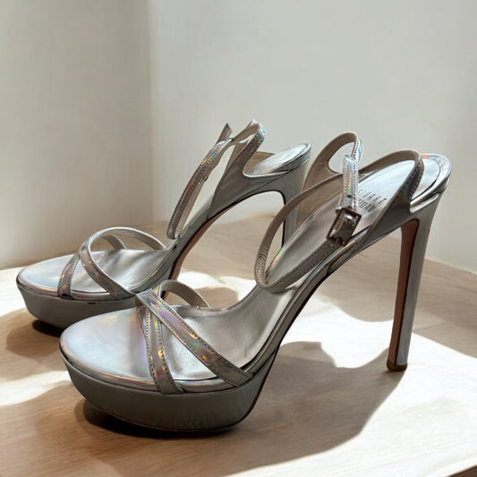 Stuart Weitzman Silver IridescentPlatform Sandals - Glamorous Statement US Size 8