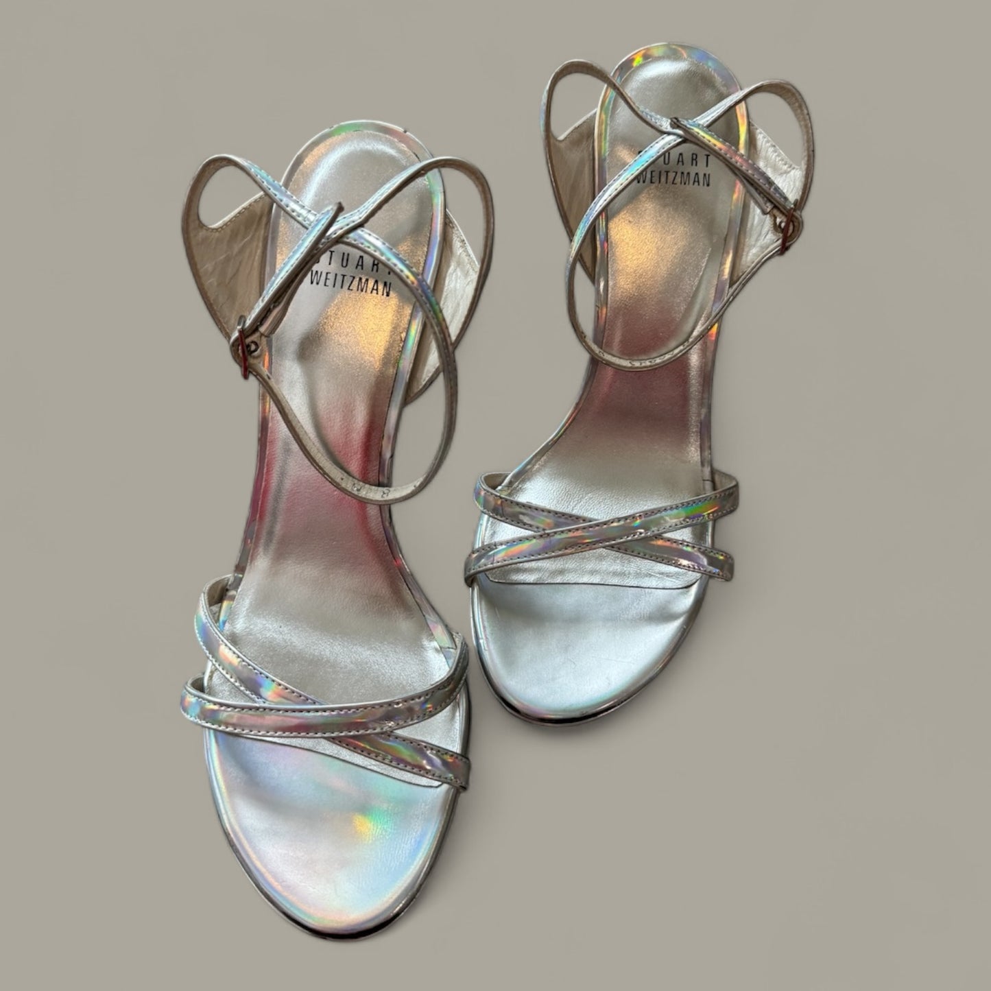 Stuart Weitzman Silver IridescentPlatform Sandals - Glamorous Statement US Size 8