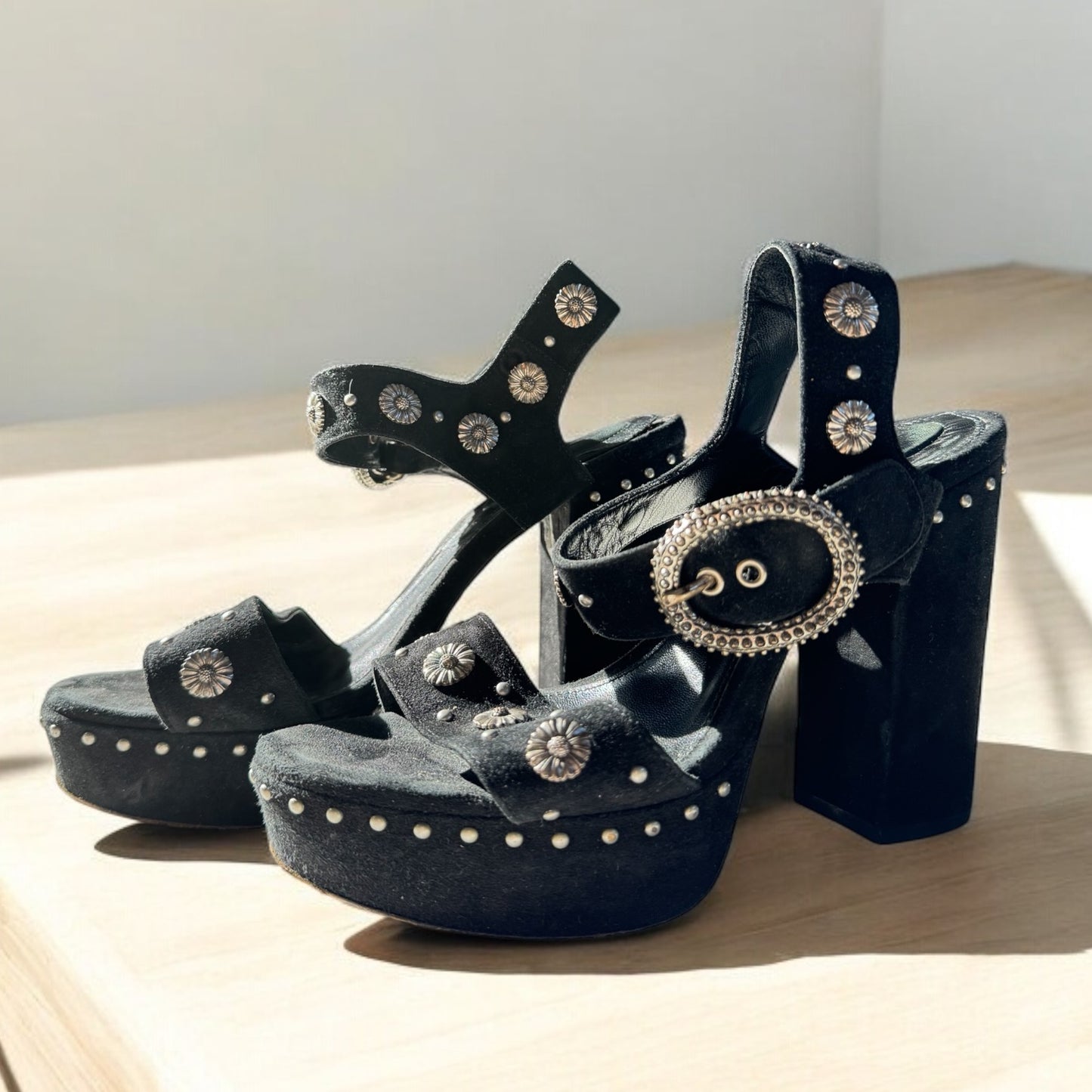 Kooplers Black Velvet Platform Sandals with Silver Studs (Size 39)