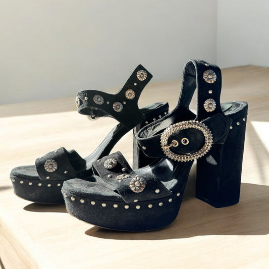 Kooplers Black Velvet Platform Sandals with Silver Studs (Size 39)