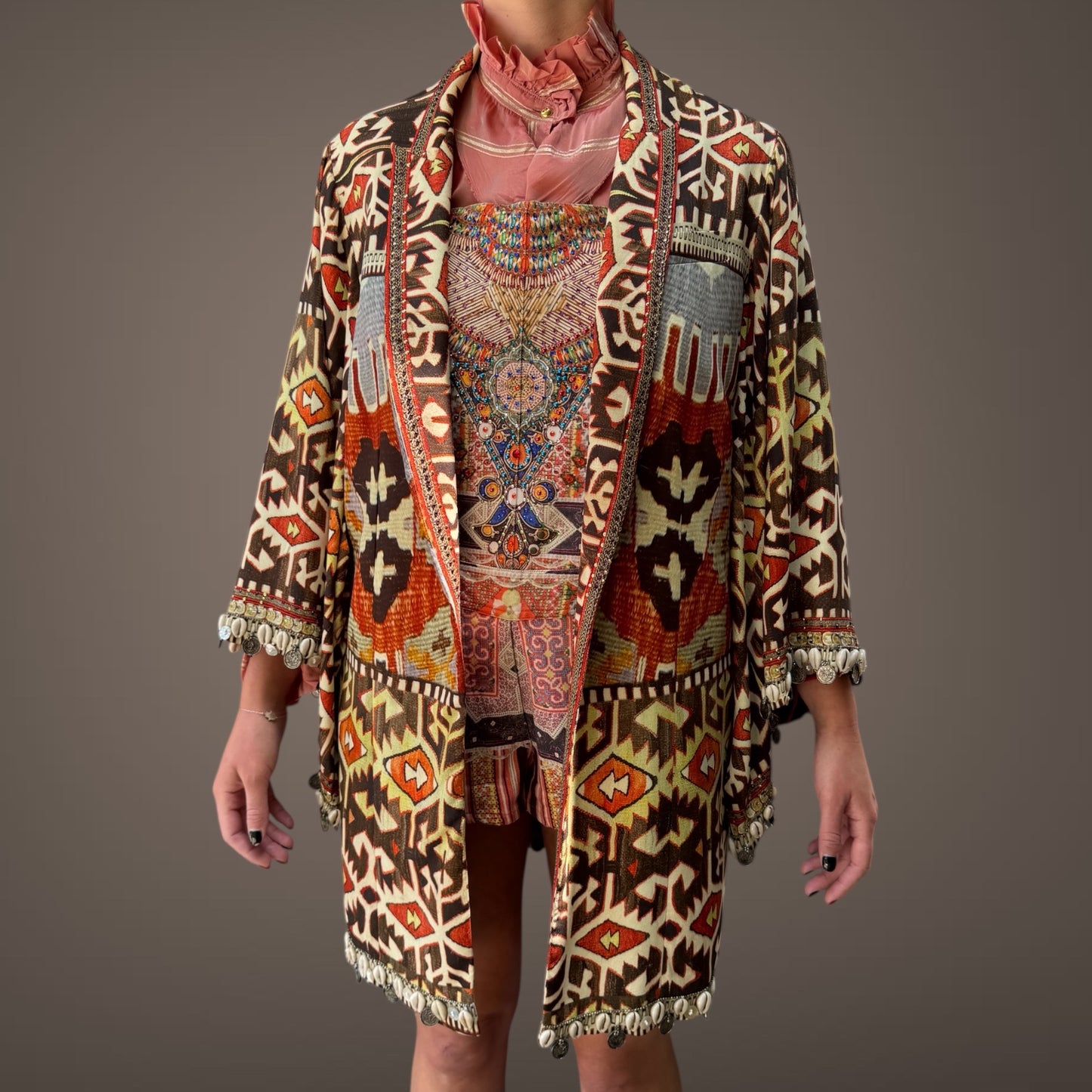 Camilla Tribal Print Embellished Kimono Jacket – One Size