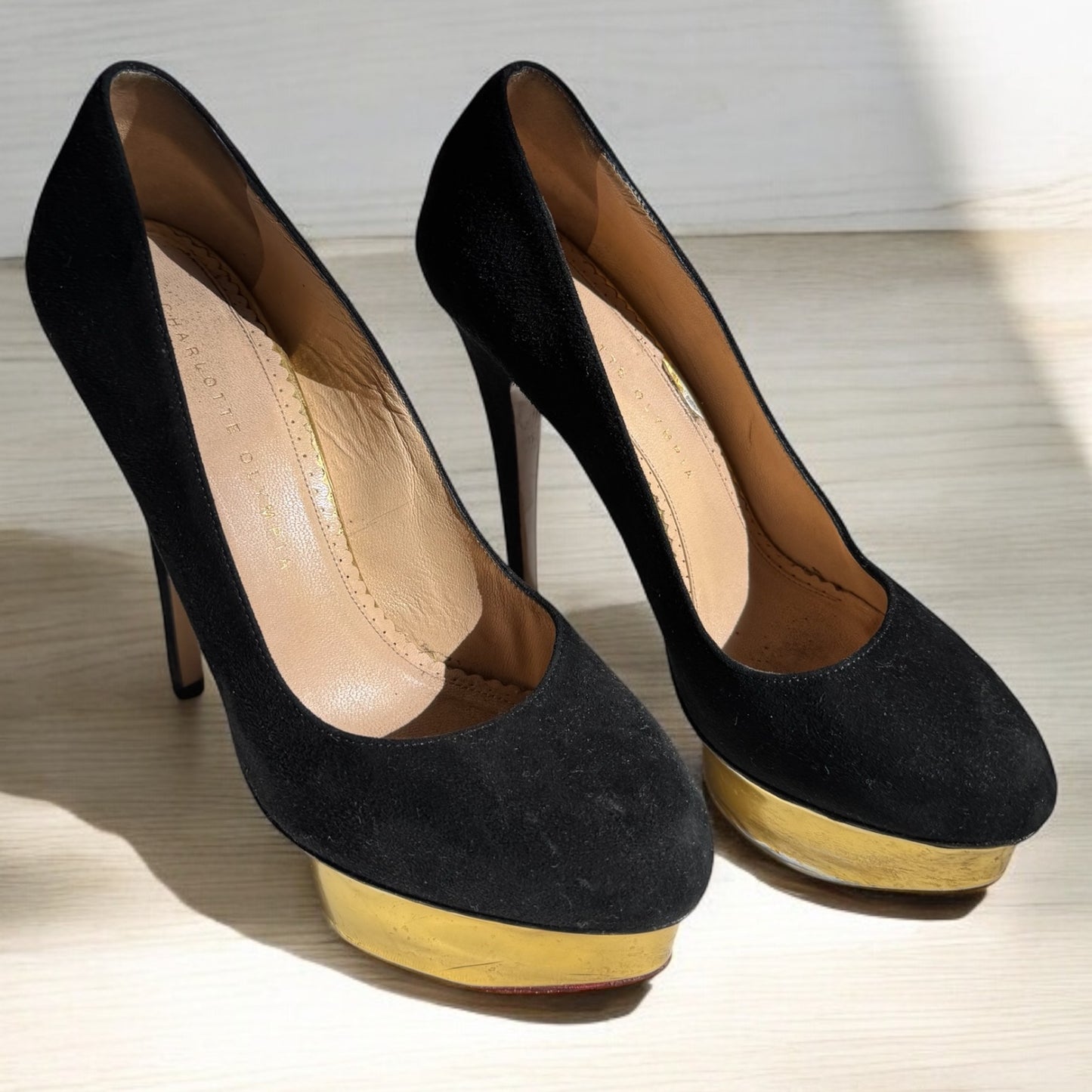Charlotte Olympia Black Suede Platform Heels with Gold Metallic Accent - Size 38.5,