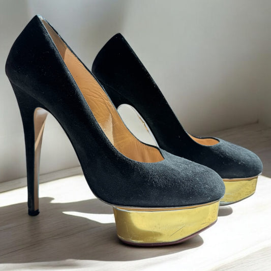 Charlotte Olympia Black Suede Platform Heels with Gold Metallic Accent - Size 38.5,